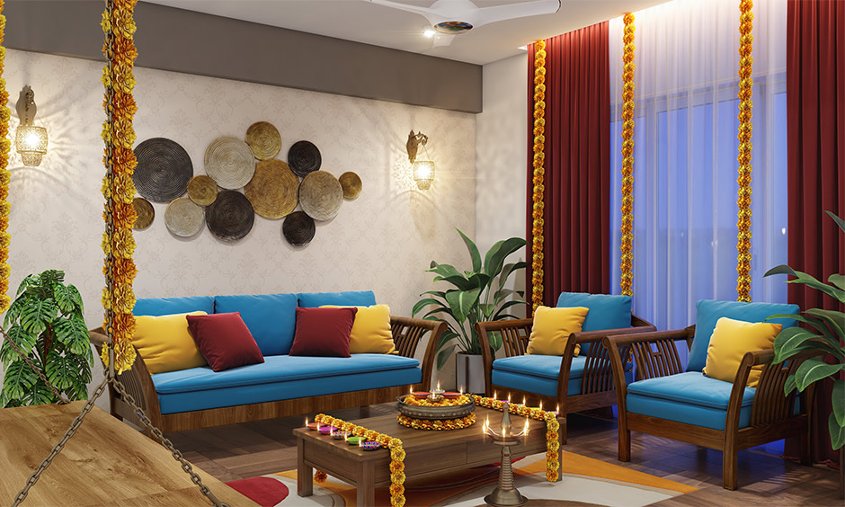 perfect blend of modern furnitures with traditional decor elements for a refreshing rakhi decoration at home
